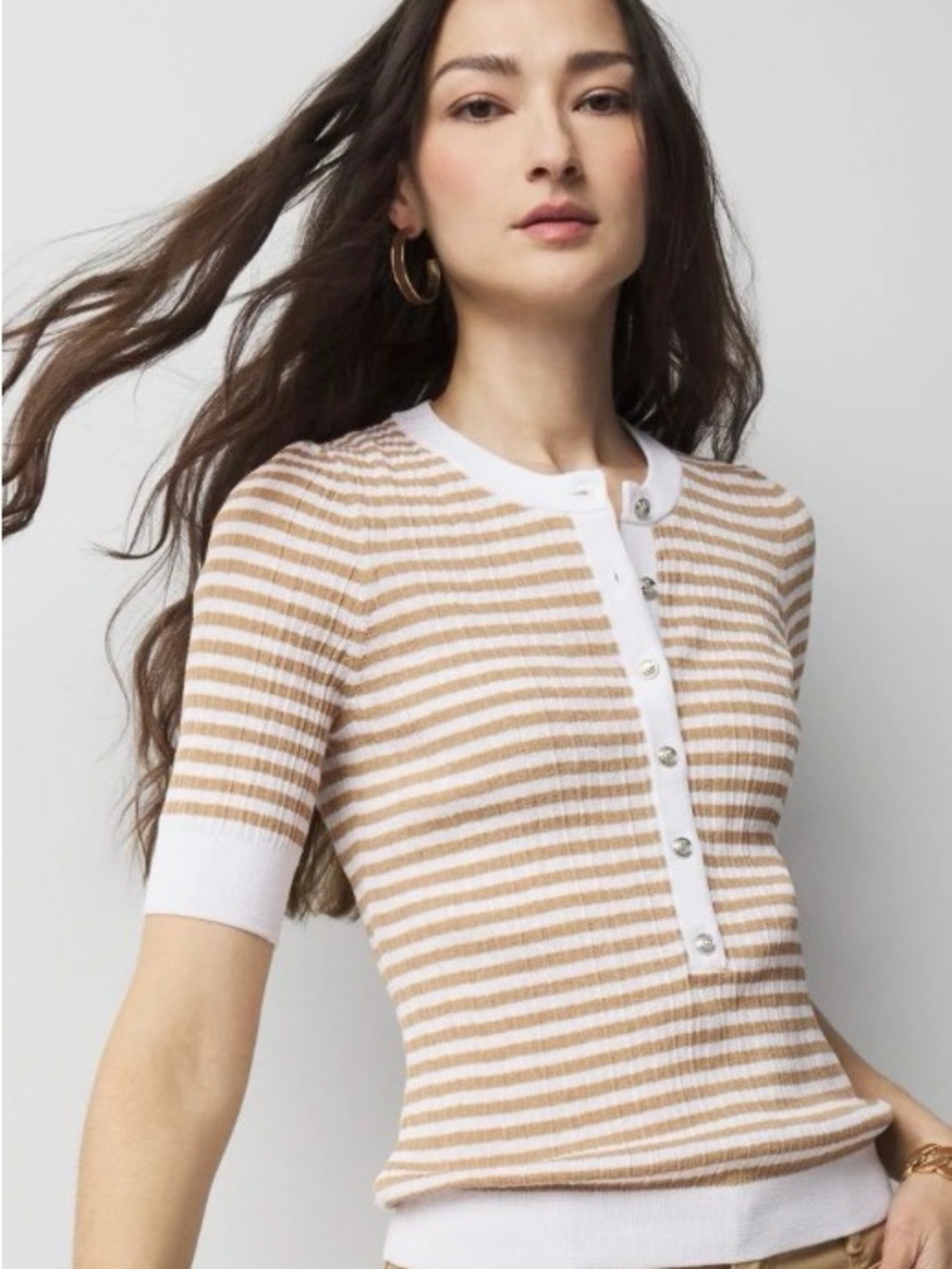 WHBM Striped Short-Sleeve Ribbed Sweater in Beige and White